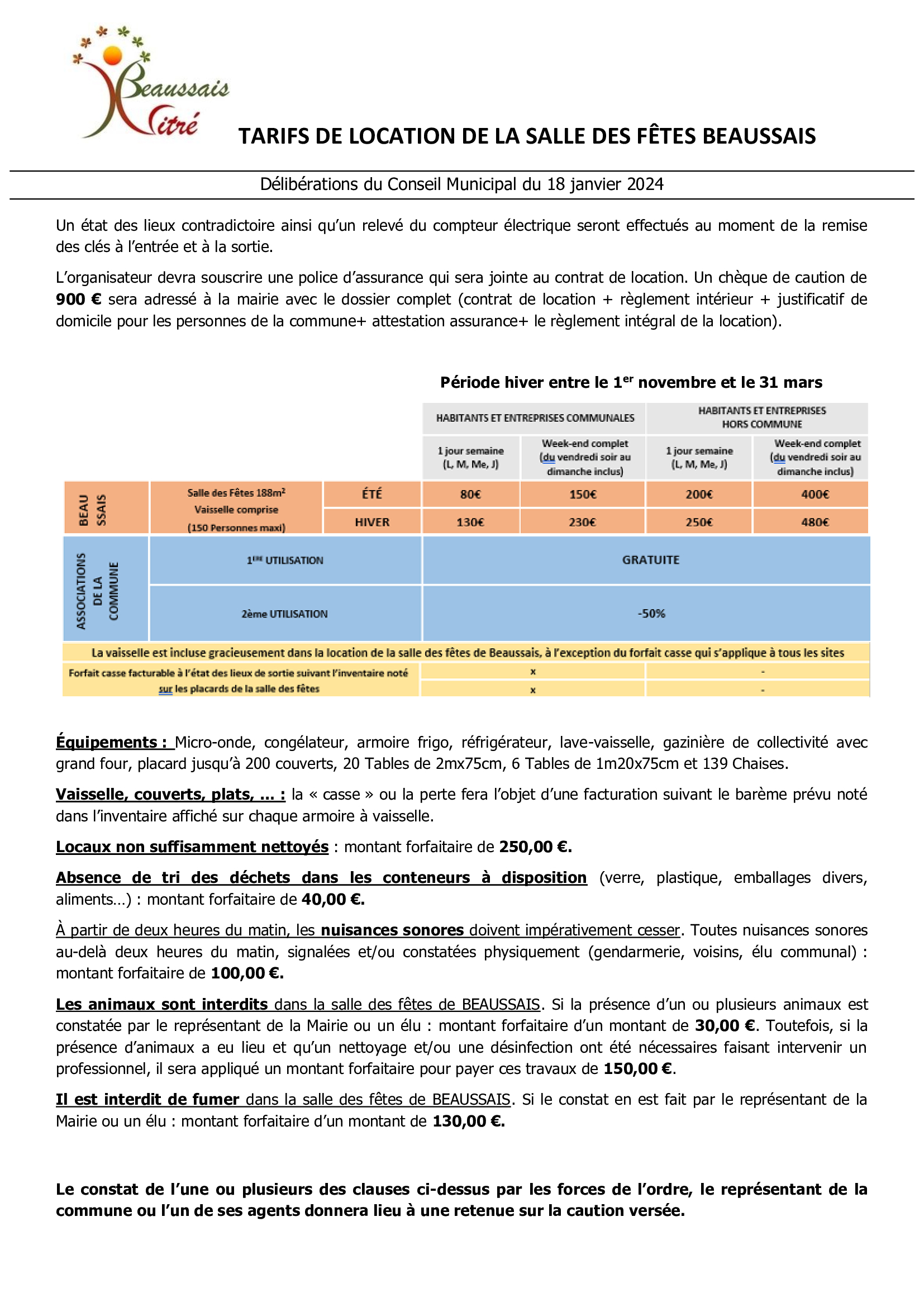 TARIF SALLE DES FETES DE BEAUSSAIS